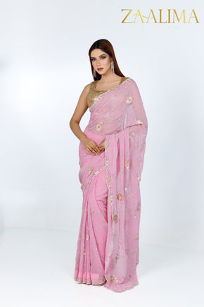 Pink Georgette Sequin Jaal Saree