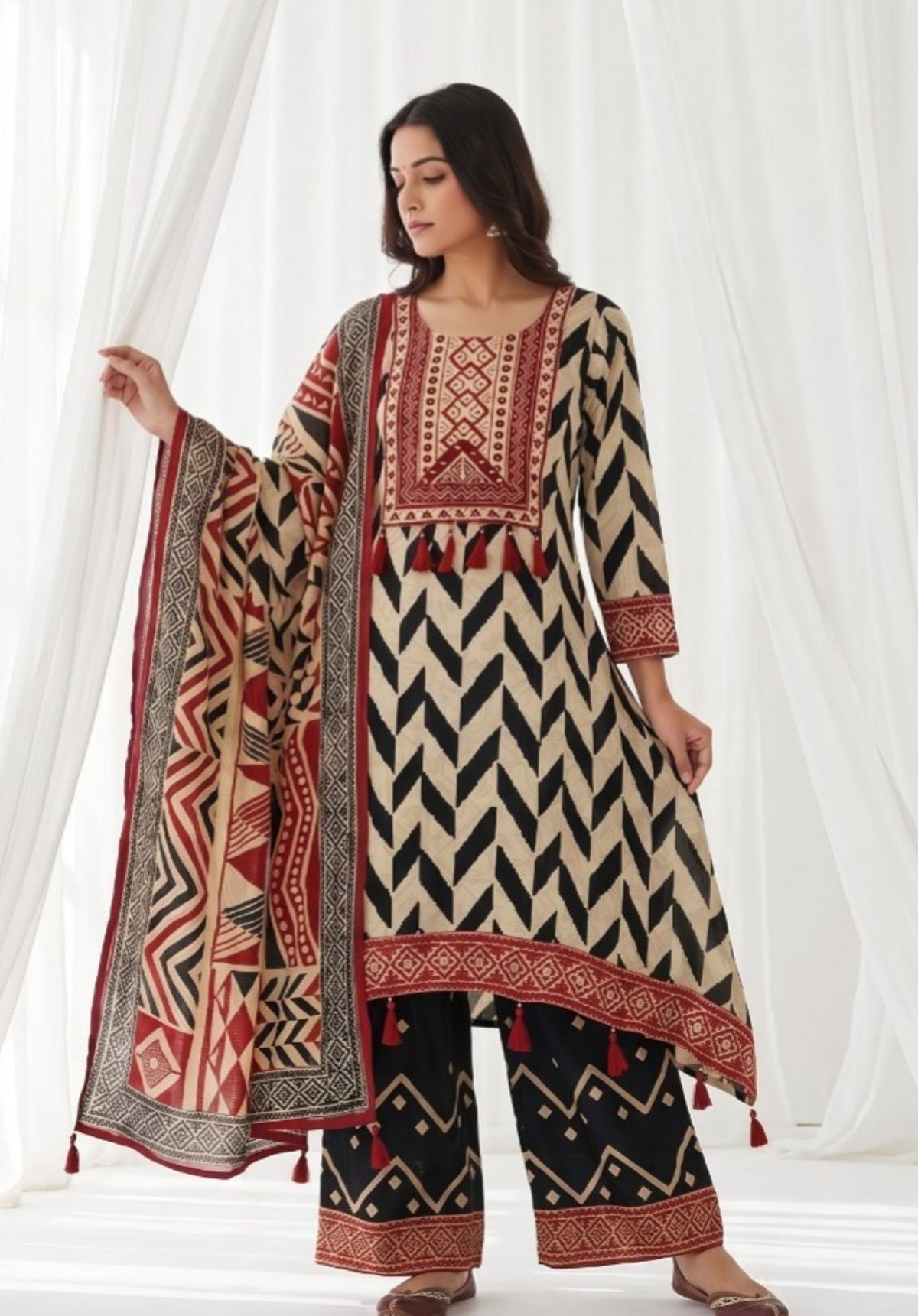 Black Cream Red Printed Viscose Crepe Palazzo Suit Set