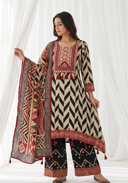 Black Cream Red Printed Viscose Crepe Palazzo Suit Set