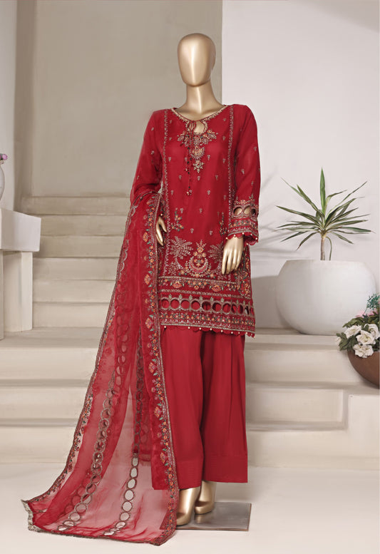 Red Embroidered Cutwork Organza Suit with Farshi Salwar - Sadabahar