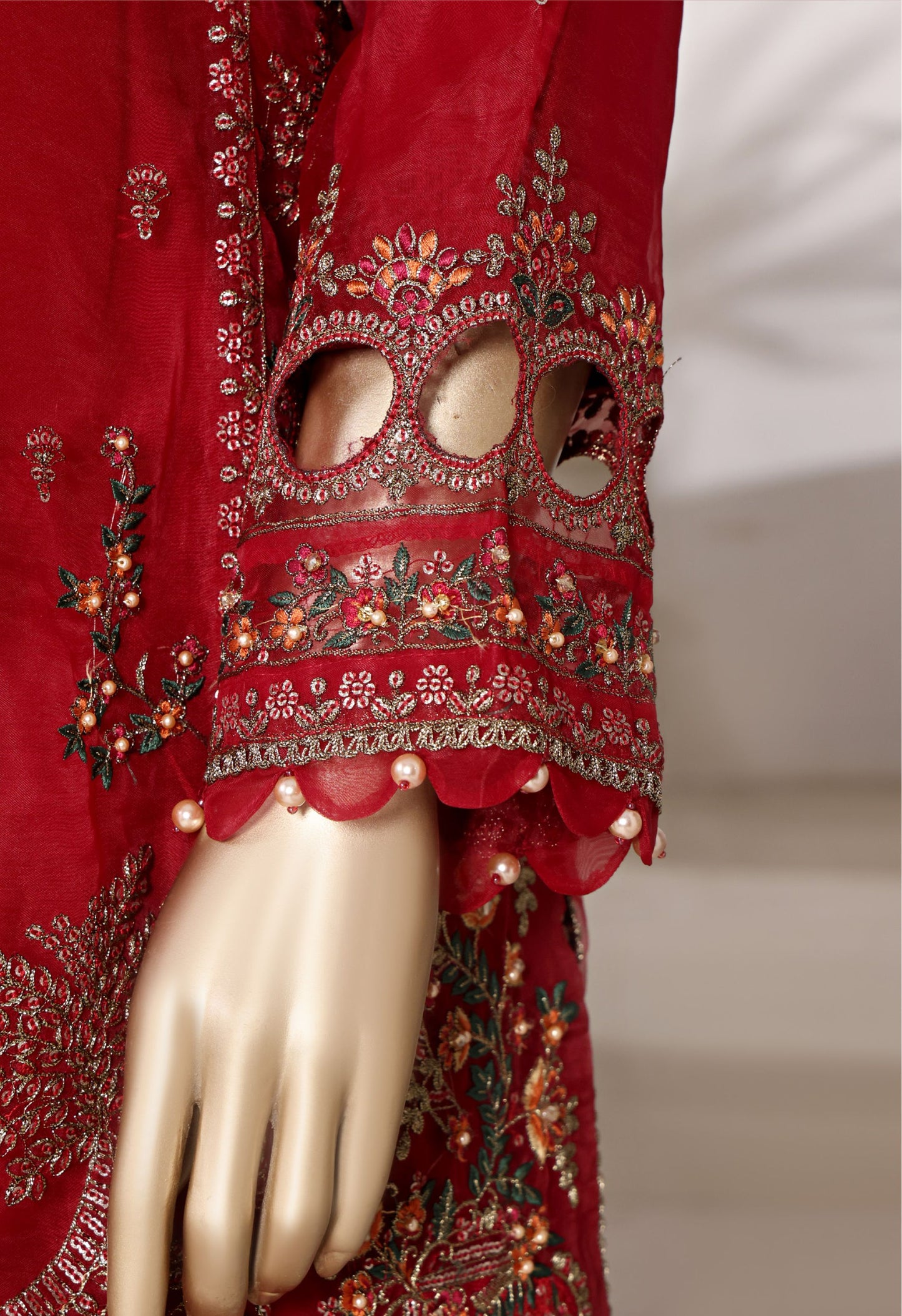 Red Embroidered Cutwork Organza Suit with Farshi Salwar - Sadabahar
