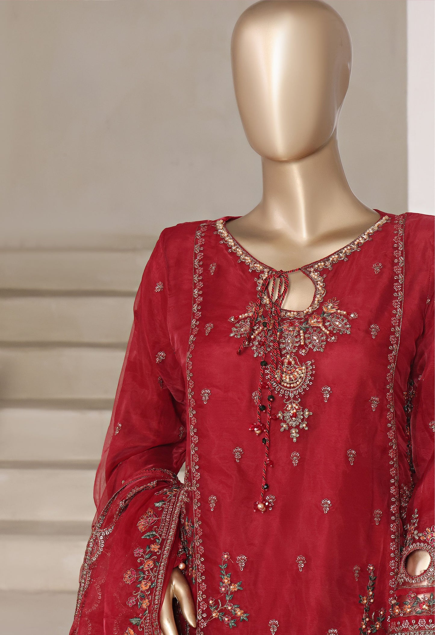 Red Embroidered Cutwork Organza Suit with Farshi Salwar - Sadabahar