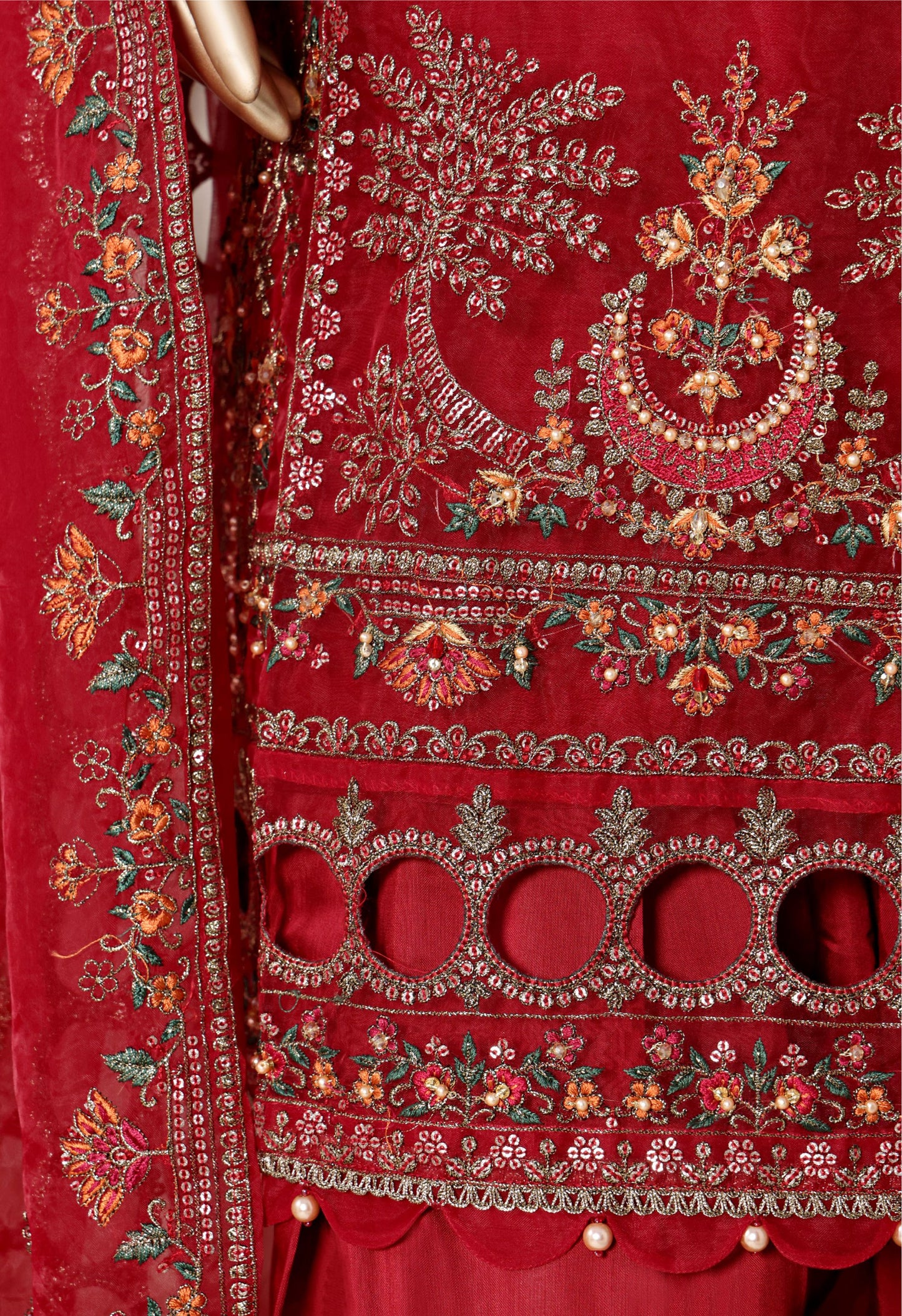 Red Embroidered Cutwork Organza Suit with Farshi Salwar - Sadabahar