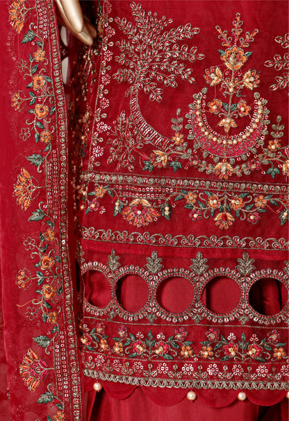 Red Embroidered Cutwork Organza Suit with Farshi Salwar - Sadabahar