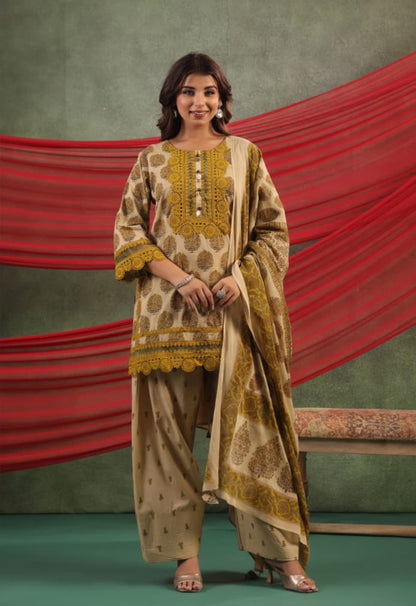 Nazakat Mustard Printed Cotton Suit Set with Dupatta for Festive & Ethnic Wear