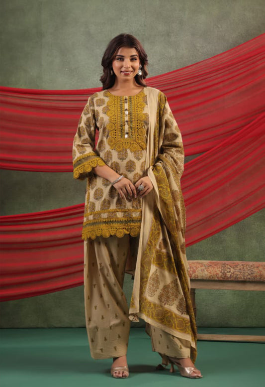 Nazakat Mustard Printed Cotton Suit Set with Dupatta for Festive & Ethnic Wear