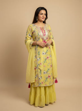 Embroidered Printed Linen Suit Set – Yellow Floral Skirt Festive Wear