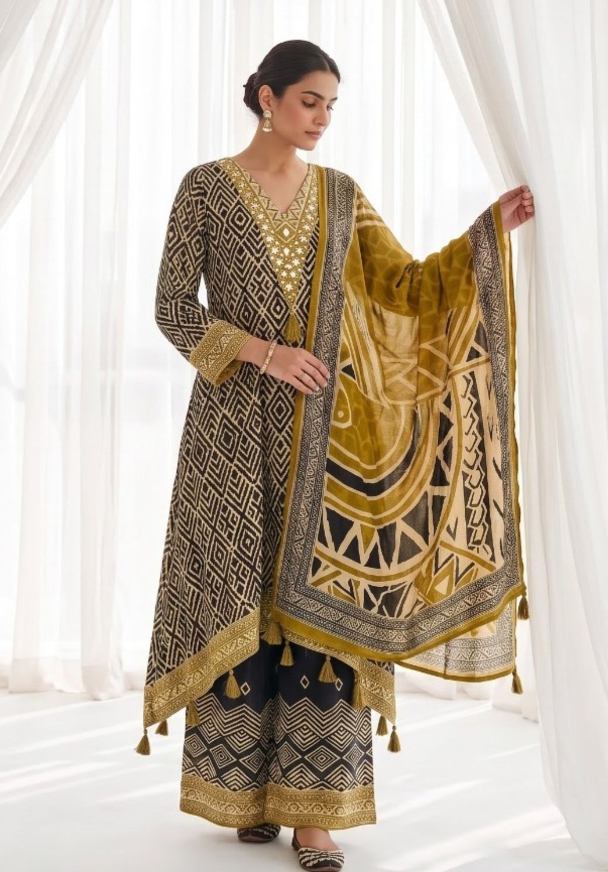 Black Mustard Printed Viscose Crepe Palazzo Suit Set