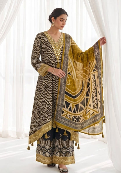 Black Mustard Printed Viscose Crepe Palazzo Suit Set