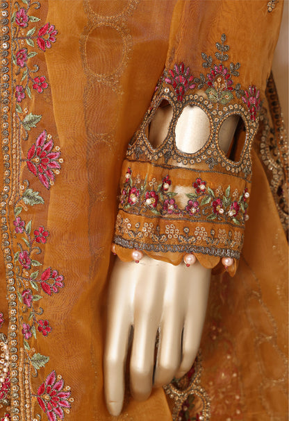 Mustard Embroidered Cutwork Organza Suit with Farshi Salwar - Sadabahar