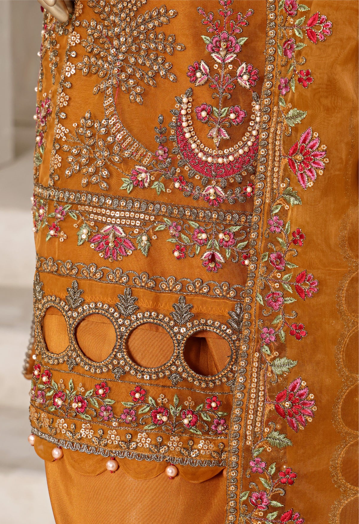 Mustard Embroidered Cutwork Organza Suit with Farshi Salwar - Sadabahar
