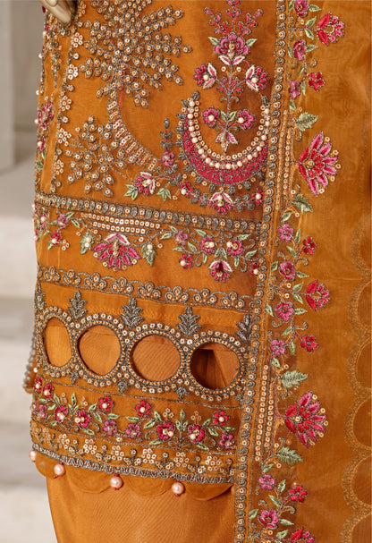 Mustard Embroidered Cutwork Organza Suit with Farshi Salwar - Sadabahar