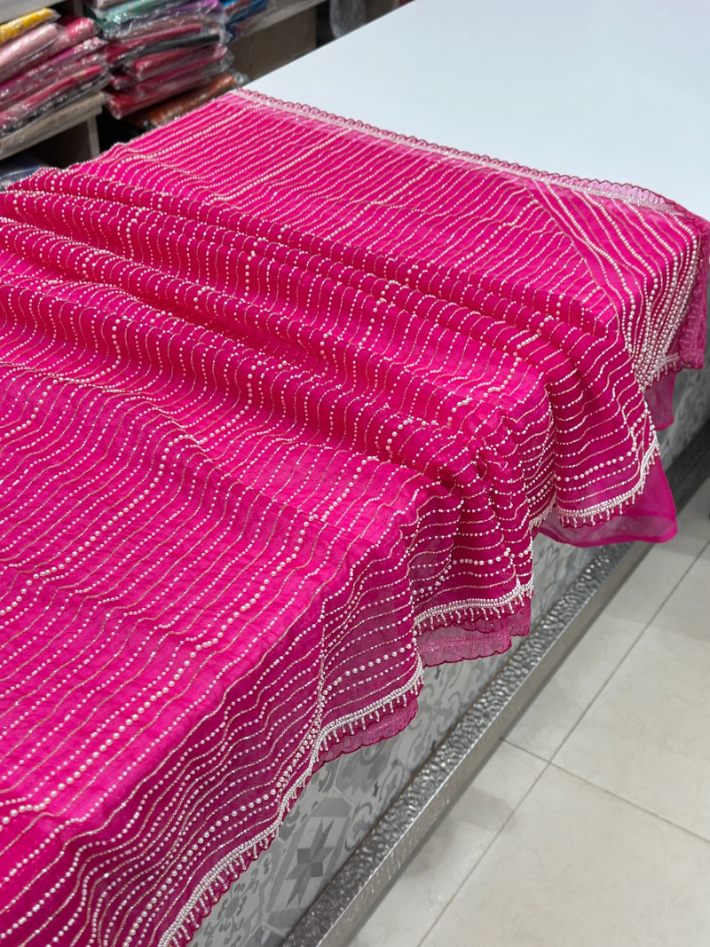 Rani Pink Organza Moti Sequin Embroidery Saree