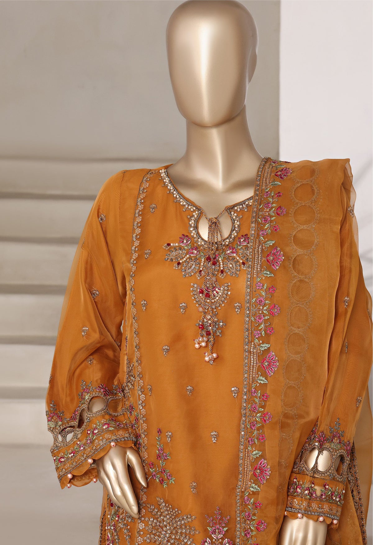 Mustard Embroidered Cutwork Organza Suit with Farshi Salwar - Sadabahar