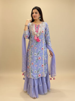Embroidered Printed Linen Suit Set – Lavender Floral Skirt Elegant Festive Attire