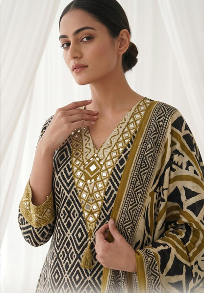 Black Mustard Printed Viscose Crepe Palazzo Suit Set
