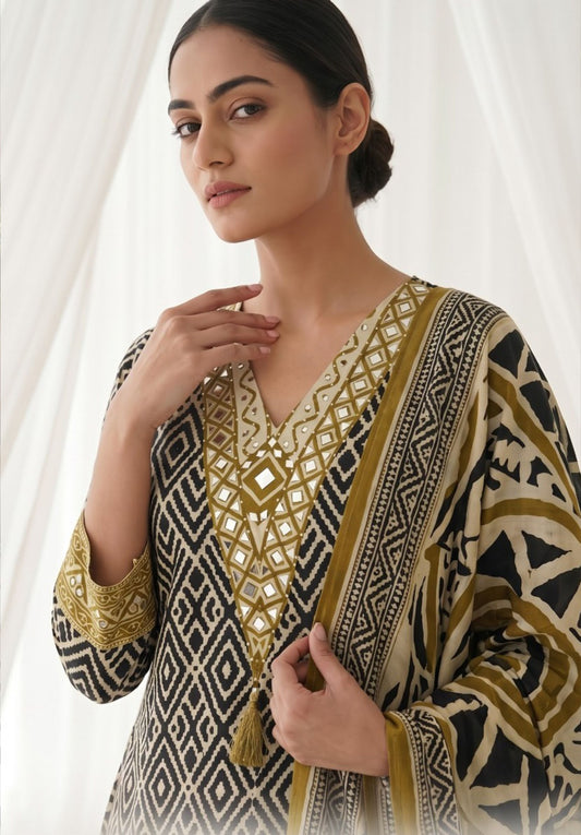 Black Mustard Printed Viscose Crepe Palazzo Suit Set