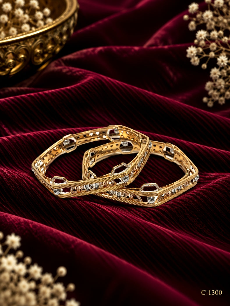Elegant Gold Plated Geometric Bangles with Stone work Jewellery Set