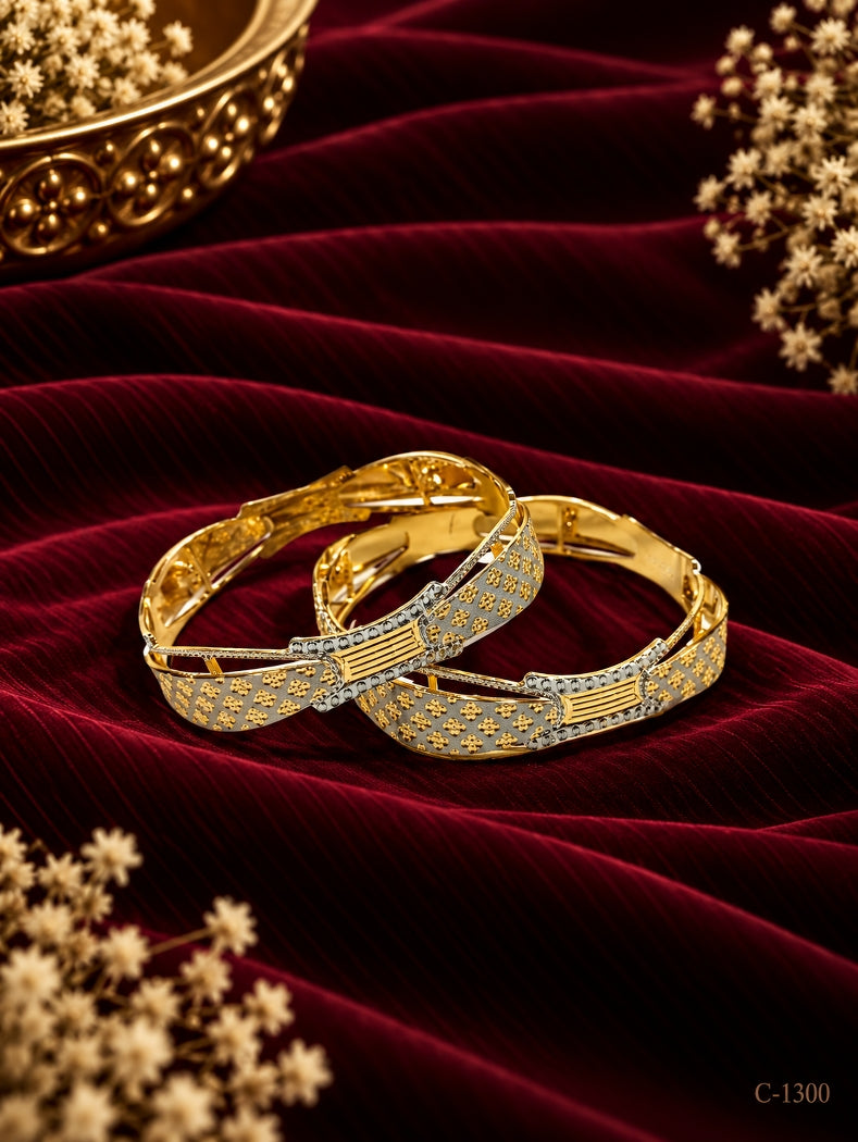 Gold Plated Floral Pattern Bangles with Silver Tone Detailing Jewellery Set