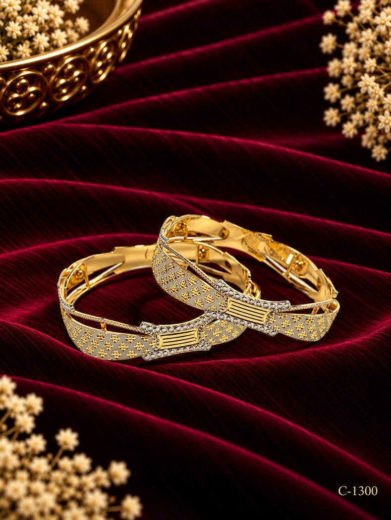 Gold Plated Floral Pattern Bangles with Silver Tone Detailing Jewellery Set