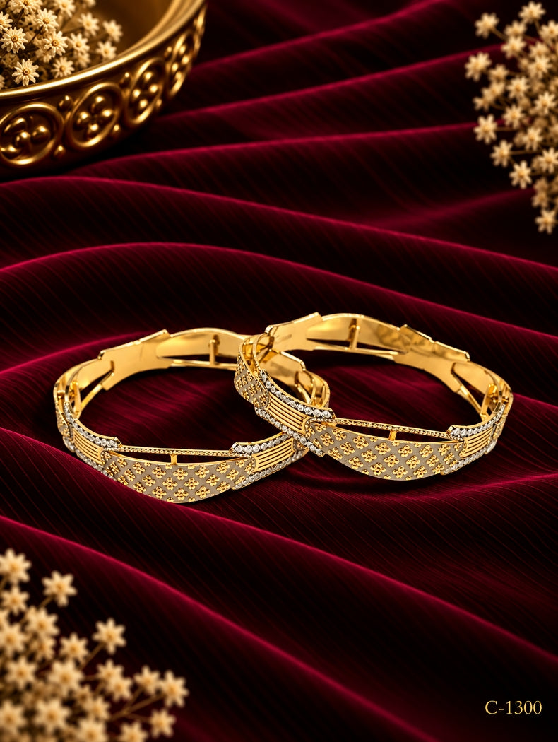 Gold Plated Floral Pattern Bangles with Silver Tone Detailing Jewellery Set
