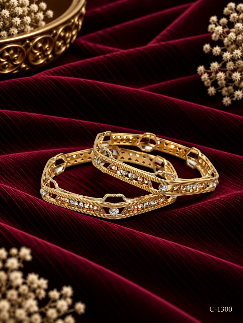 Elegant Gold Plated Geometric Bangles with Stone work Jewellery Set