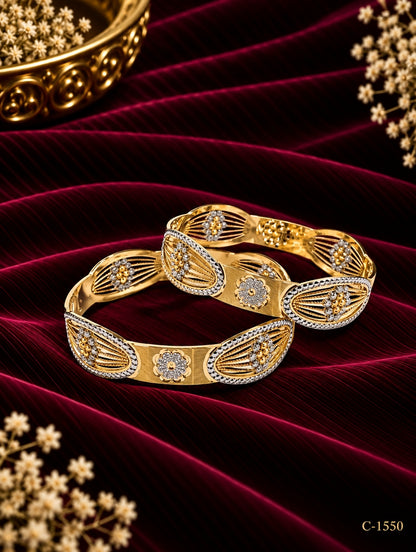 Gold Plated Leaf Motif Bangles with Floral Detailing Jewellery Set