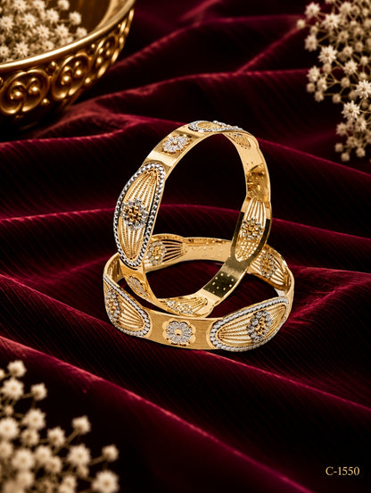 Gold Plated Leaf Motif Bangles with Floral Detailing Jewellery Set