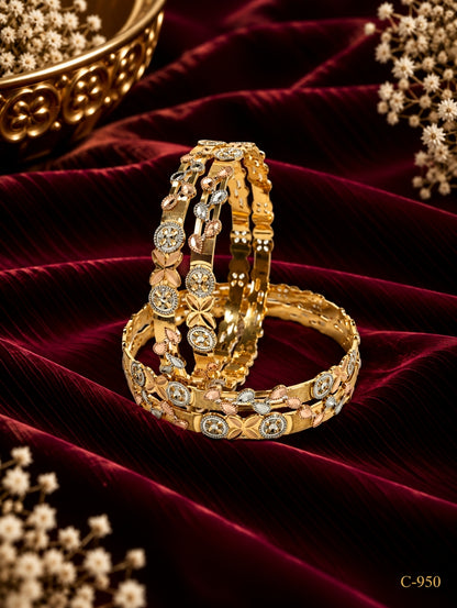 Gold Plated Floral Bangles with Stone Detailing Jewellery Set