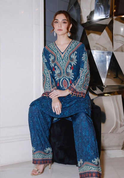 Blue Premium Crepe Placement Print Kurta Pant Set