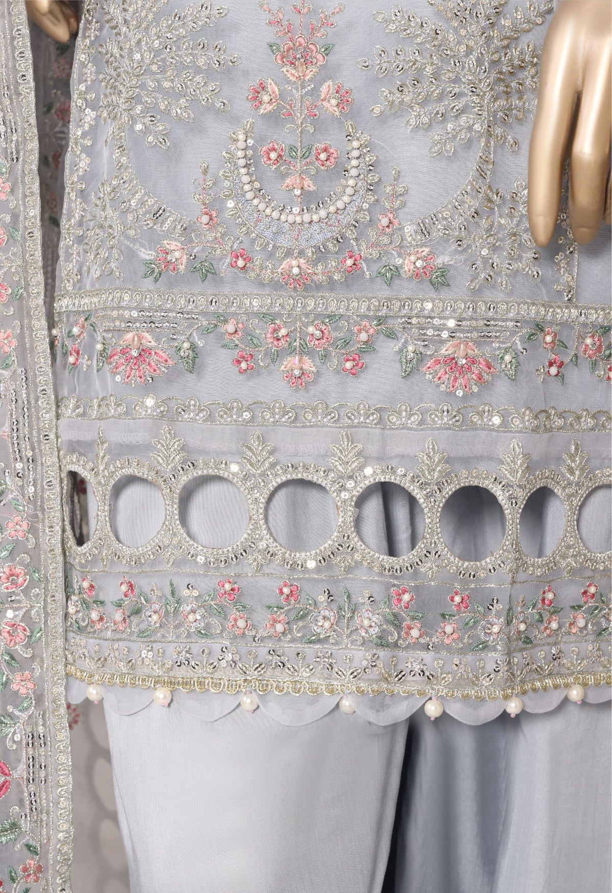 Powder Blue Embroidered Organza Suit with Farshi Salwar - Sadabahar