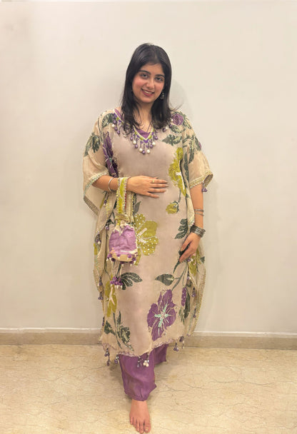 Floral Organza Suit with Dupatta and Potli Bag
