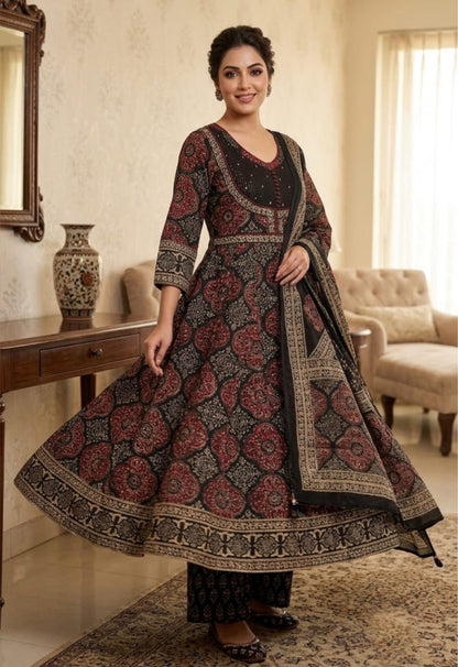 Nazakat Midnight Noir Printed Cotton Anarkali Suit Set with Designer Dupatta
