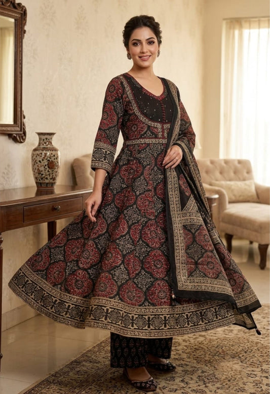 Nazakat Midnight Noir Printed Cotton Anarkali Suit Set with Designer Dupatta