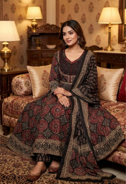 Nazakat Midnight Noir Printed Cotton Anarkali Suit Set with Designer Dupatta