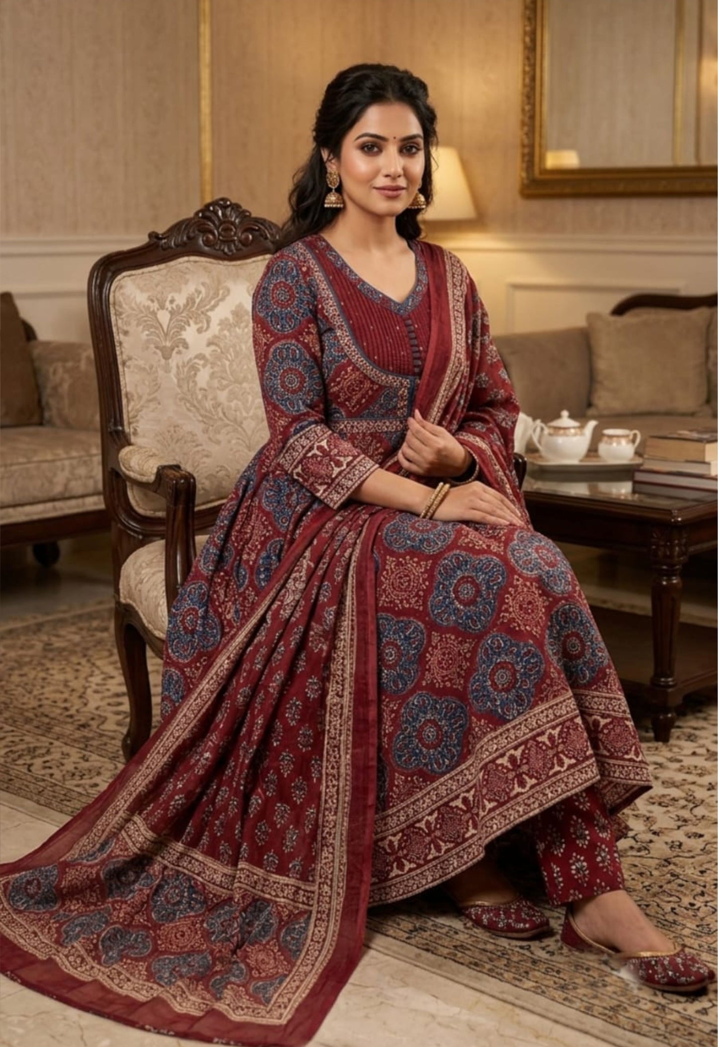 Nazakat Royal Maroon Printed Cotton Anarkali Suit Set with Dupatta for Women