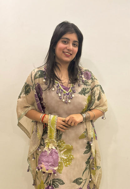 Floral Organza Suit with Dupatta and Potli Bag