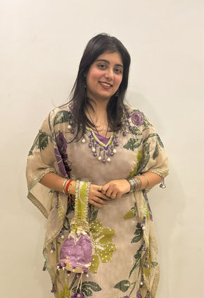 Floral Organza Suit with Dupatta and Potli Bag
