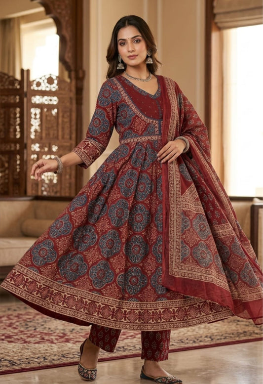 Nazakat Royal Maroon Printed Cotton Anarkali Suit Set with Dupatta for Women
