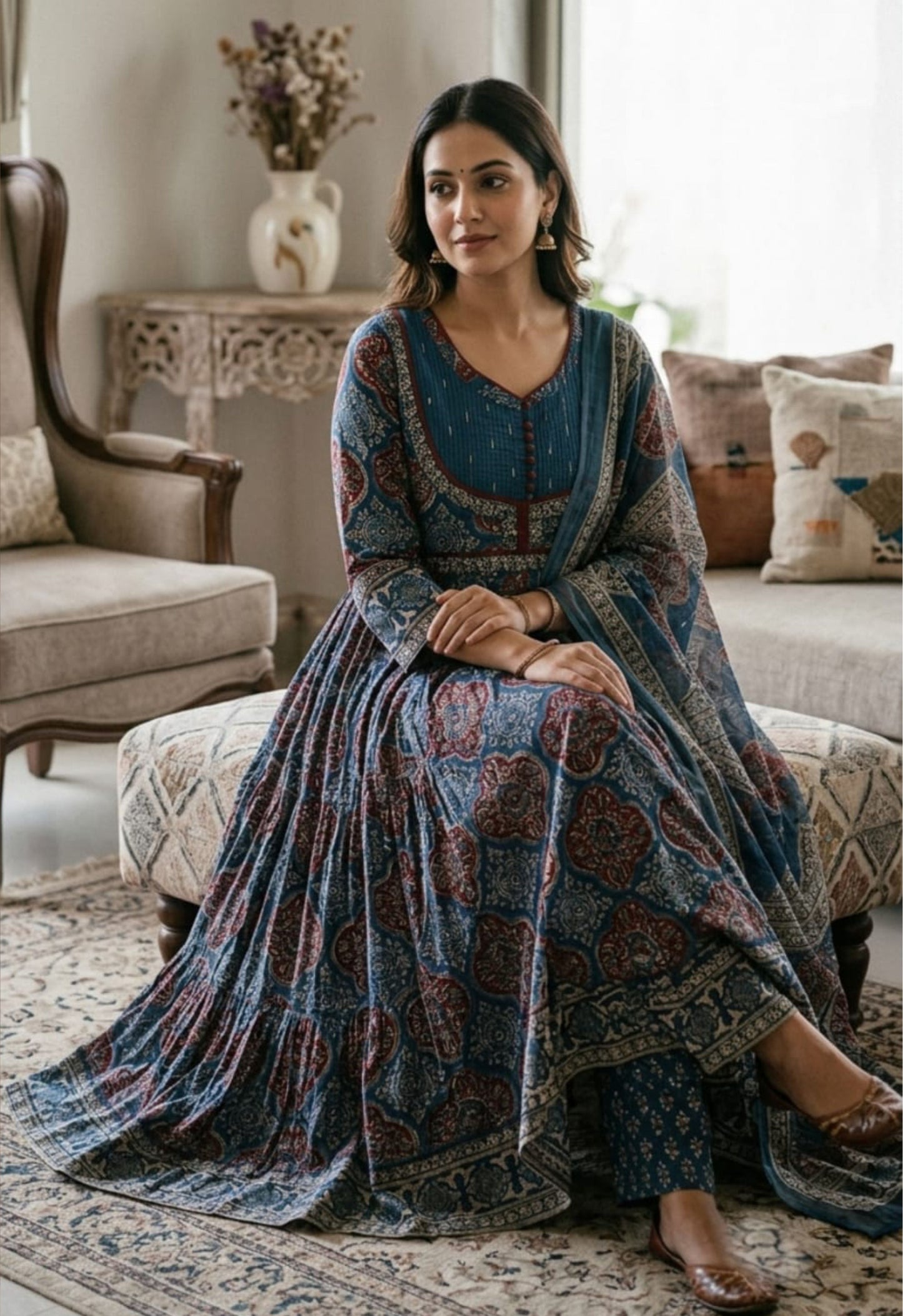 Nazakat Midnight Indigo Printed Cotton Anarkali Suit Set with Dupatta for Festive Wear