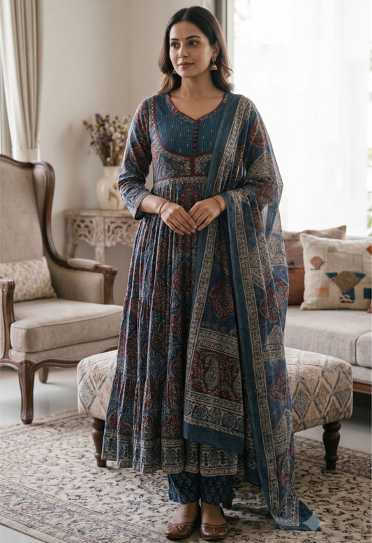 Nazakat Midnight Indigo Printed Cotton Anarkali Suit Set with Dupatta for Festive Wear