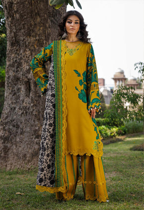 Embroidered Printed Linen Suit Set Festive Mustard Green - Charizma Collection