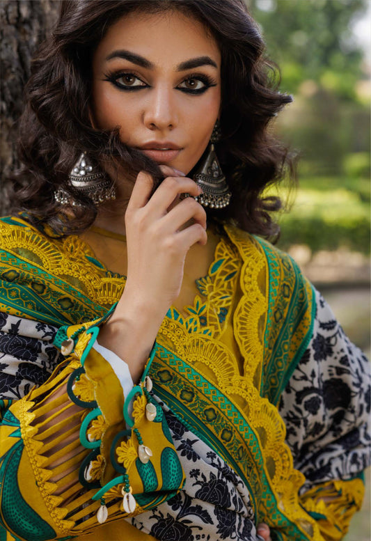 Embroidered Printed Linen Suit Set Festive Mustard Green - Charizma Collection