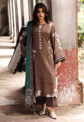 Elegant Brown Polka Floral Embroidered Printed Linen Suit Set - Charizma's Collection