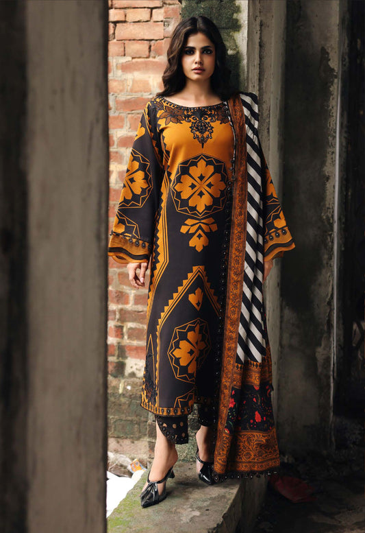 Mustard Black Geometric Printed Linen Suit Set - Charizma's Collection