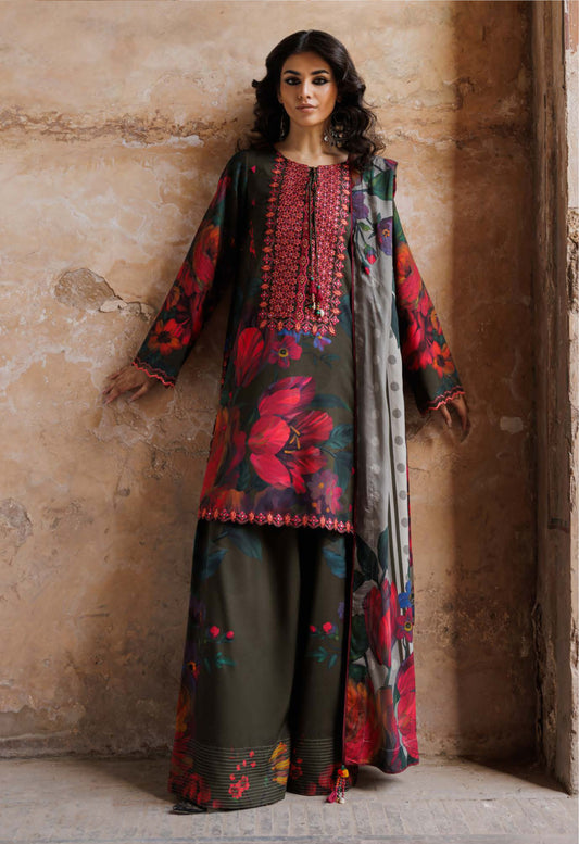 Olive Red Floral Festive Attire Print Linen Suit Set - Charizma's Collection
