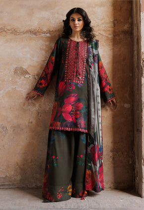 Olive Red Floral Festive Attire Print Linen Suit Set - Charizma's Collection