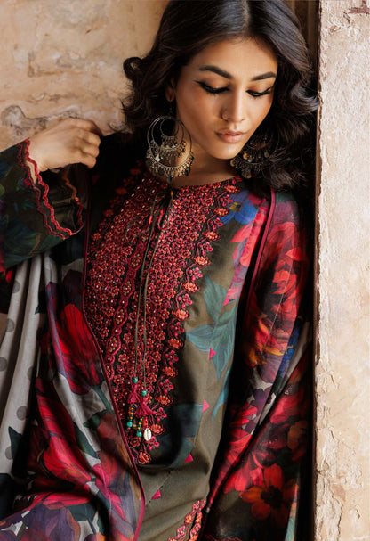 Olive Red Floral Festive Attire Print Linen Suit Set - Charizma's Collection