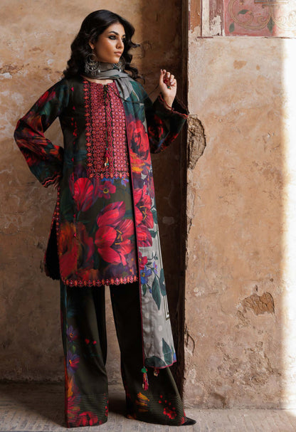 Olive Red Floral Festive Attire Print Linen Suit Set - Charizma's Collection