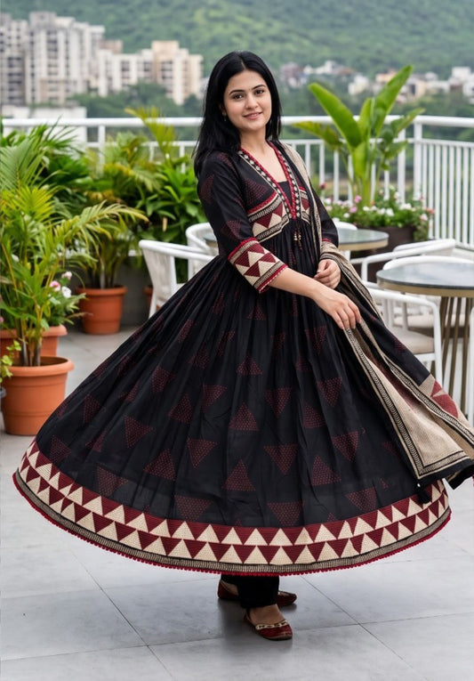 Black Cotton Printed Embroidered Anarkali Suit Set